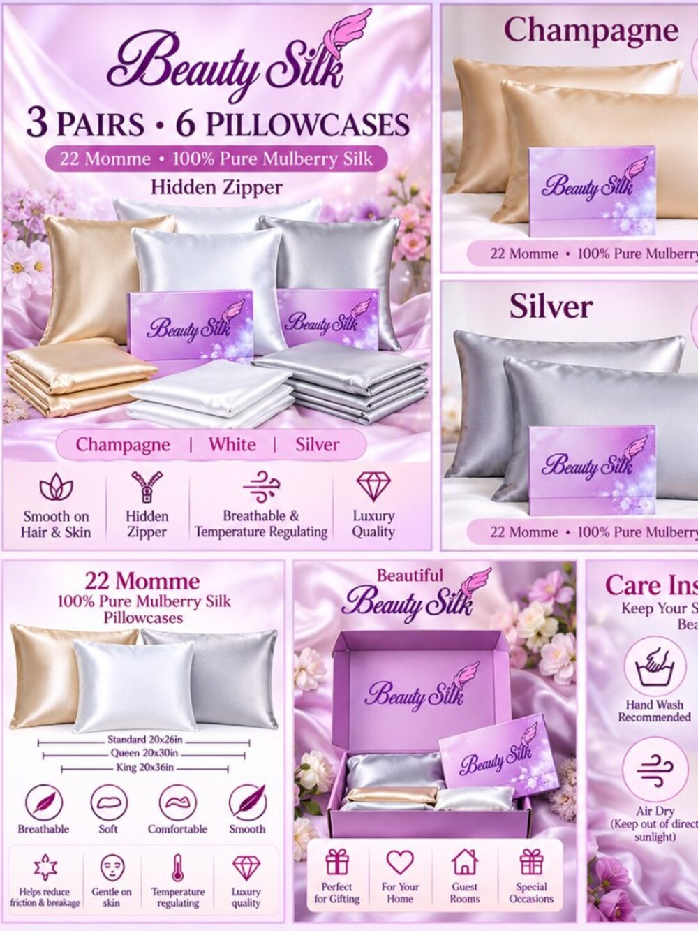 Beauty Silk 22 Momme 100% Pure Mulberry Silk Pillowcase Bundle 3 Pairs 6 Total - Picture 3 of 11